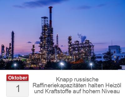 Knapp  russische Raffineriekapazitäten halten Heizöl und Kraftstoffe auf hohem Niveau