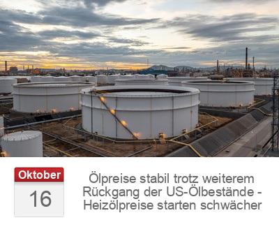 Ölpreise stabil trotz weiterem Rückgang der US-Ölbestände - Heizölpreise starten schwächer